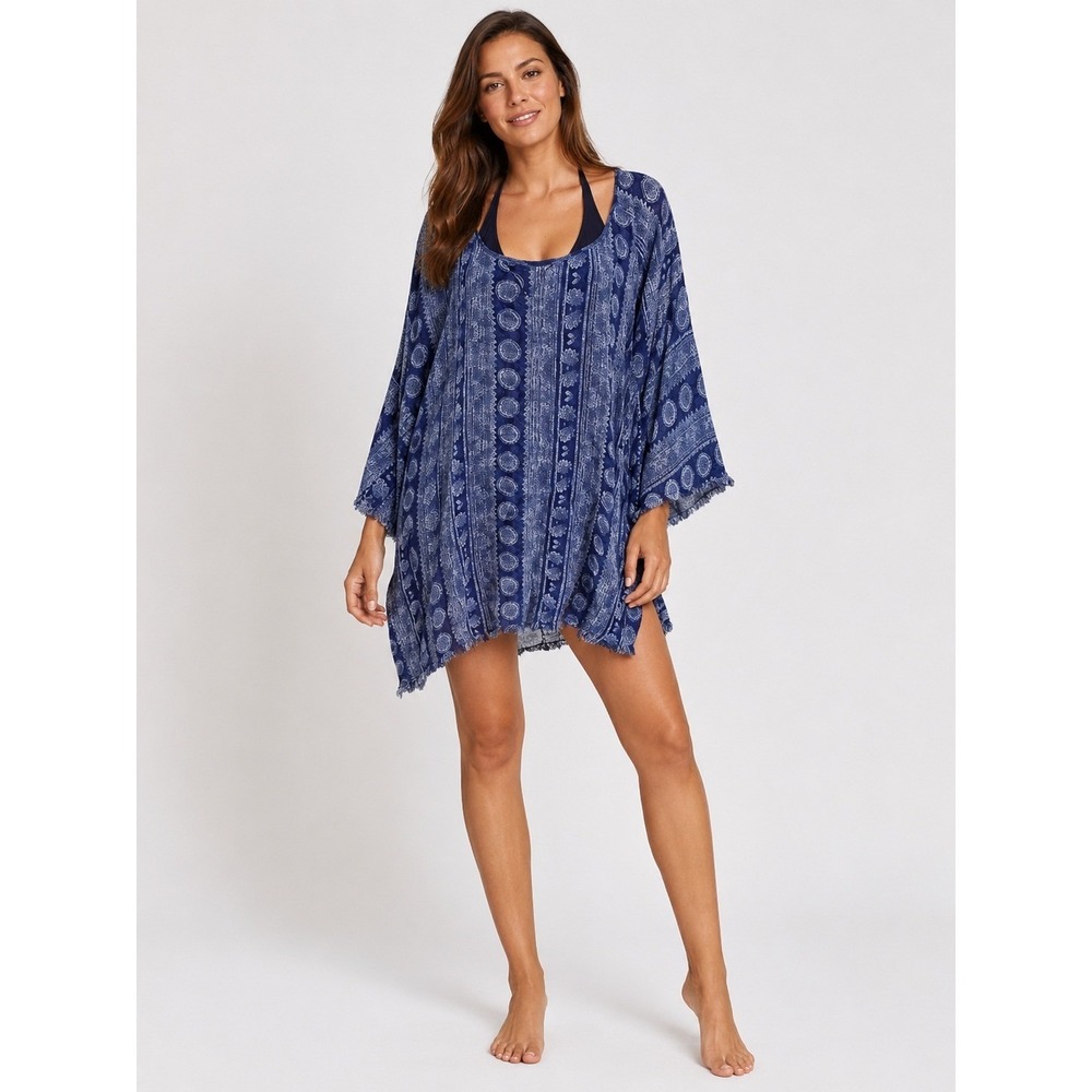 SomeDays Lovin Tunic Swim Cover-up Top‎ Womens Small Blue Viscose Fringe
